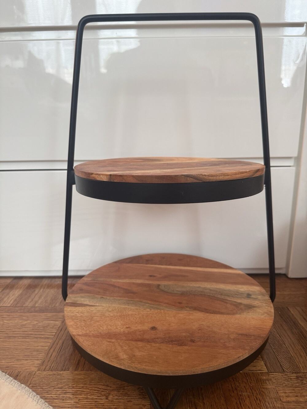Two-Tier Stand Round Wood Black Metal Display Serving Cake Hosting Party